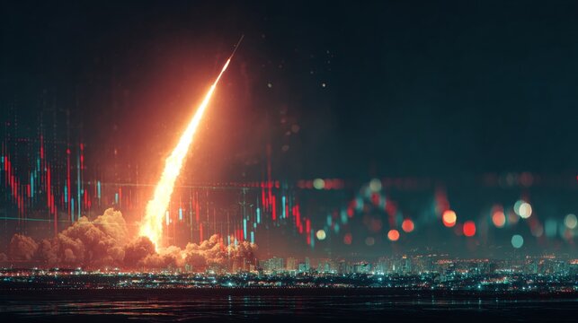 Dramatic sky ballet of defense missile above desert night. Market indicators. Starry night interrupted by missile's fiery desert display. Crypto investment. Trading strategy.