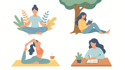 Fototapeta premium Four diverse women engaged in various peaceful leisure activities including meditation yoga reading and writing within a flat vector illustration