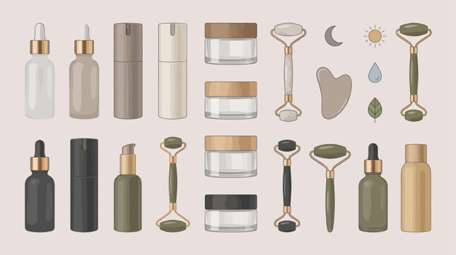 Assorted skincare product collection featuring glass dropper bottles cream jars jade rollers and facial tools arranged on neutral background