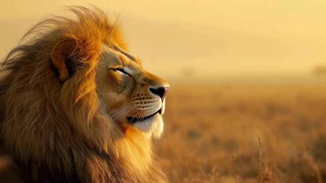 Majestic male lion resting in savanna at golden hour