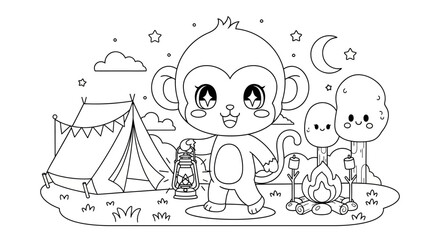 Obraz premium Cute cartoon monkey enjoying a fun night camping under the stars, holding a lantern by a cozy campfire with marshmallows, perfect for a children's coloring page.