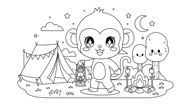 Cute cartoon monkey enjoying a fun night camping under the stars, holding a lantern by a cozy campfire with marshmallows, perfect for a children's coloring page.