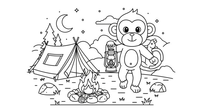 Adorable cartoon monkey with a lantern enjoying a night camping adventure by a tent and campfire, a charming line art illustration for kids' coloring pages.