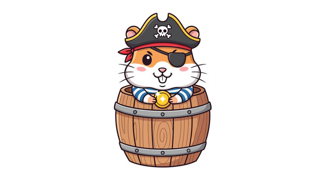 Cute cartoon pirate hamster character with eye patch and hat, sitting in a wooden barrel and holding a gold coin, isolated vector illustration.