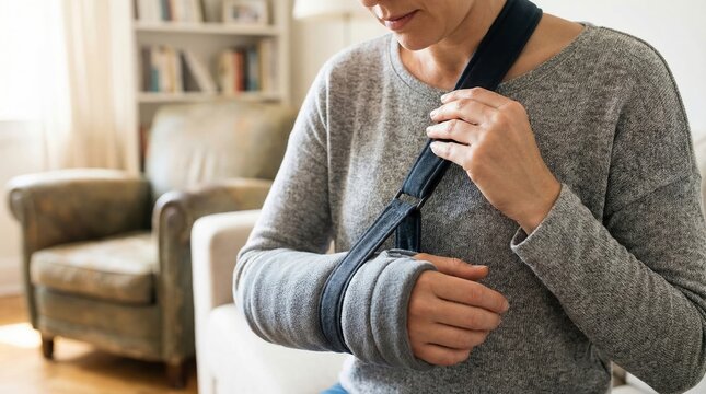 Woman wearing arm sling for shoulder injury recovery. Patient with broken arm rehabilitating at home. Orthopedic medical support device for limb immobilization and pain management care.