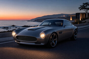 Fototapeta premium Elegant Coupe on Scenic Coastal Road at Twilight