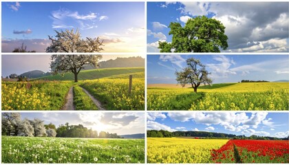 Fototapeta premium Collage of spring and summer landscapes, blooming flowers, green meadows and trees, hilly landscape with mountains, blue cloudy sky with sunrise or sunset, wallpaper illustration for banner or template background, AI generated