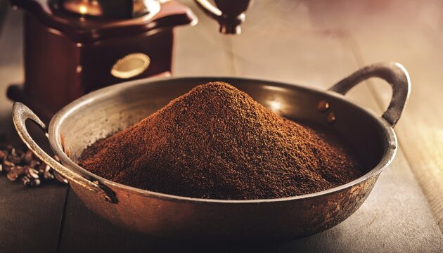 Ground coffee in Kelle, morning still life, golden hour light, AI generated