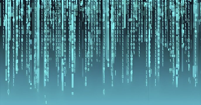 Abstract animation of binary code cascading down like digital rain, representing data insights in monochromatic turquoise hues, AI generated