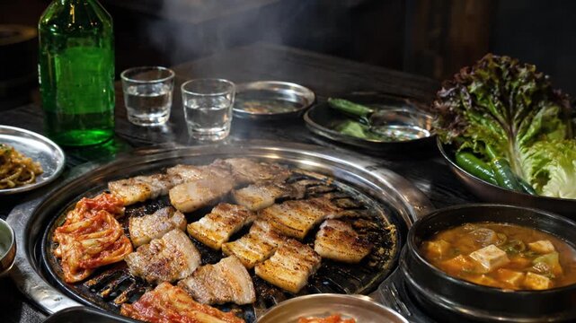 Korean barbecue pork belly grilling with soju glasses in restaurant