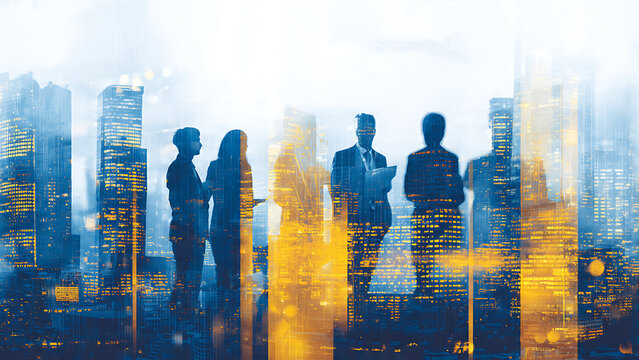 




File #:  295563207
Double exposure image of many business people conference group meeting on city office building in background showing partnership success of business deal. Concept of teamwork, 