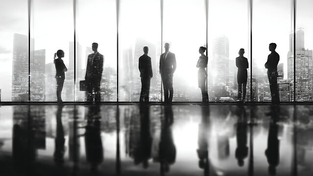 




File #:  295563207
Double exposure image of many business people conference group meeting on city office building in background showing partnership success of business deal. Concept of teamwork, 