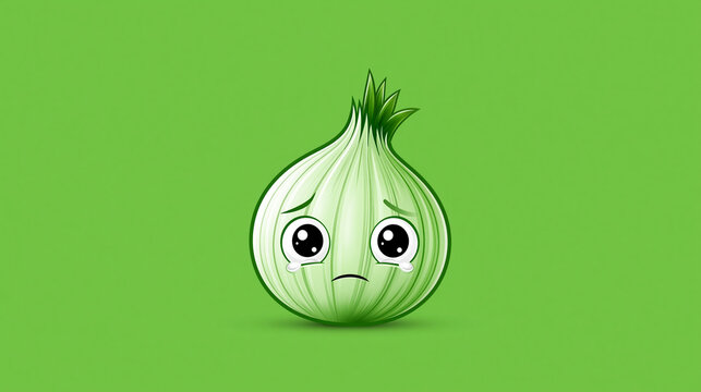 Cartoon onion character with sad eyes on green background  