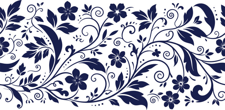 Seamless dark blue floral vine border, vintage ornate pattern, decorative leaves and flowers, elegant scrollwork, graphic background.