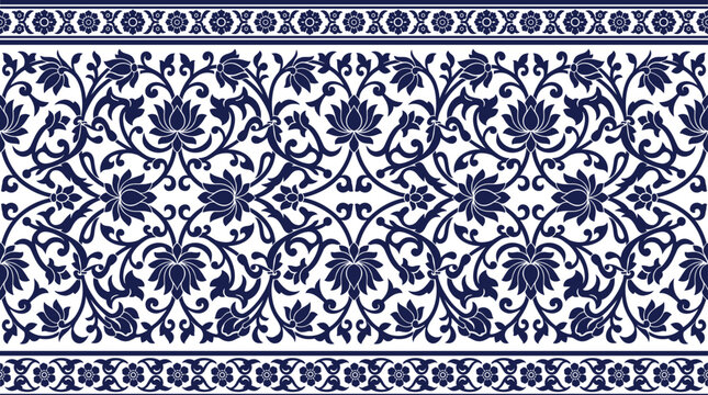 Seamless floral damask background pattern with intricate leaves and flower motifs design.