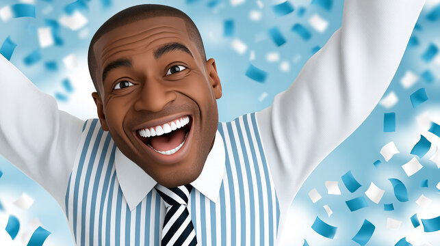 Happy black man celebrating with arms raised and confetti falling  