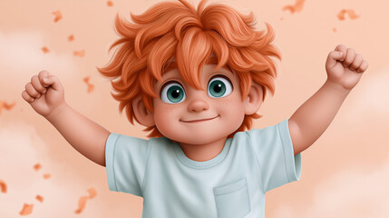 Fototapeta premium Happy young boy with curly orange hair raising arms in excitement 