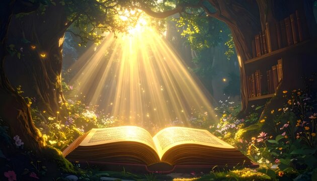 Open book glowing with light of knowledge in enchanted forest