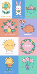 Cute flat illustrations of cheerful animals and nature elements for spring and summer greetings © Lamisa