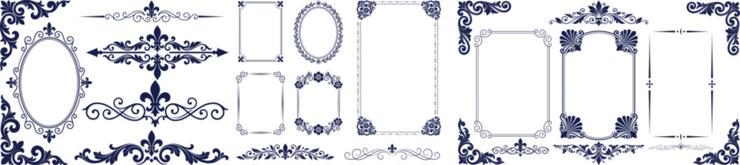Collection of ornate floral frames borders and corners with vintage scrollwork elements. © MdJobaidul