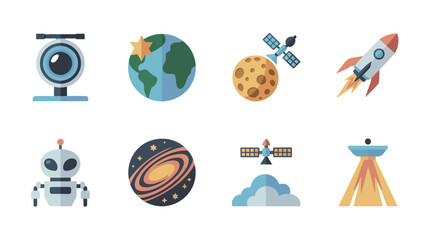 Colorful pixel art of space technology icons. © Herman