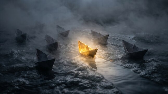 Glowing golden origami boat leading a fleet of dark boats through a misty ocean, symbolizing leadership and visionary guidance.