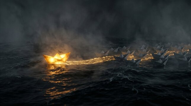 Glowing golden origami boat leading a fleet of dark boats through a misty ocean, symbolizing leadership and visionary guidance.