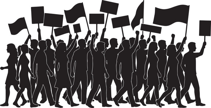 Protest crowd with signs and flags silhouette collection marching for social justice activism human rights equality and political change on transparent backdrop vector.