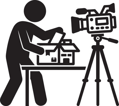 Filming setup with camera tripod microphone and person interacting with objects on table, creating video content for social media.
