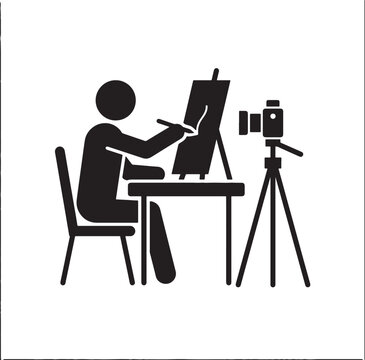 Artist painting on canvas while recording with camera tripod silhouette vector illustration for online art tutorial workshop or creative vlog content creator theme.