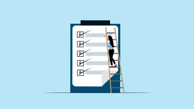 Business Woman Climbing Ladder to Complete Checklist Tasks on Clipboard