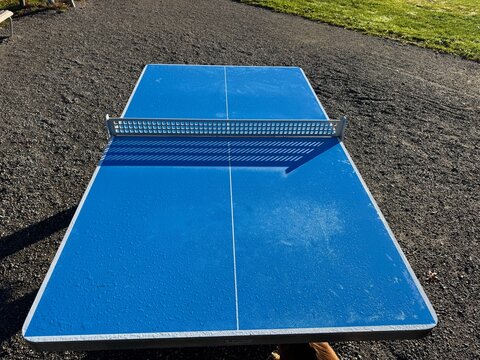 Outdoor Blue Ping Pong Table with Net in Sunlight
