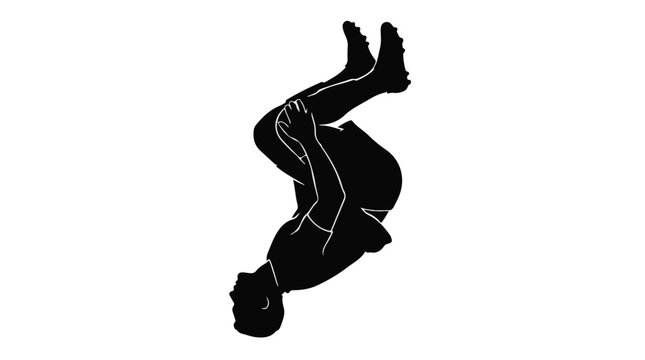 Black silhouette of a man doing a backflip on a white background, athletic movement and acrobatic action in a minimalist setting