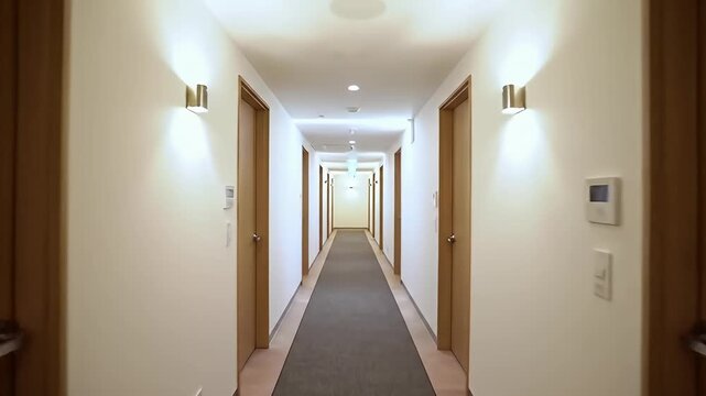 Perspective view of long modern apartment building hallway.