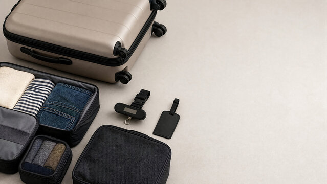 Carry on luggage scale flat lay with blank tag