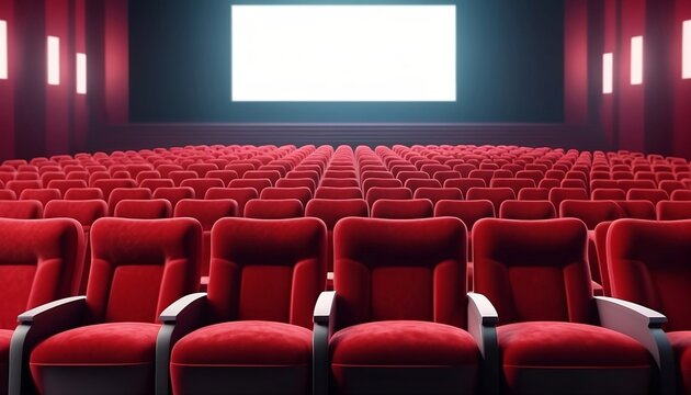 Rows of red velvet seats watching movies in the cinema with copy space banner background. Entertainment and Theater created with generative ai