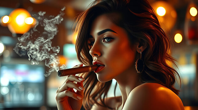 Young Woman Smoking Cuban Cigar in Bar or Pub
