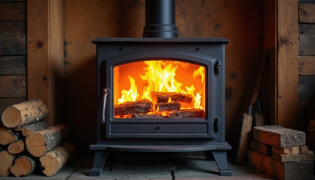 Cozy wood burning stove with glowing fire inside. Logs piled next to heater for warmth. Rustic interior setting with natural wood walls creating comfortable ambiance.