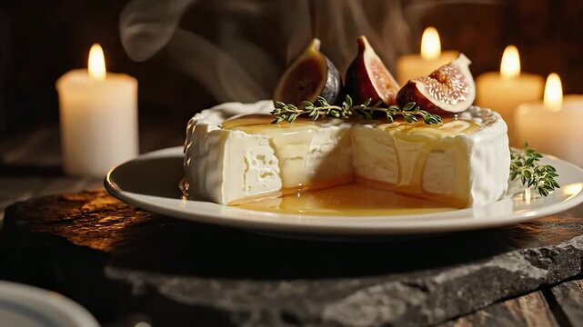 Gourmet Brie Cheese Drizzled with Honey and Garnished with Figs and Thyme Against Candlelight for a Cozy Dining Experience
