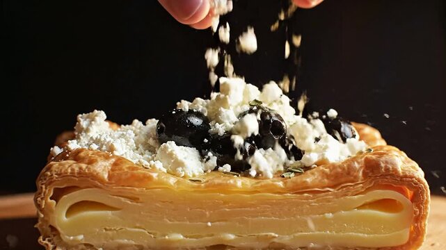 Gourmet Culinary Preparation of Cheese Layering with Herbs and Olives Against a Dark Background for Fine Dining Presentation