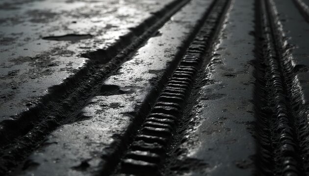 Close-up abstract view of dark textured surface with parallel grooves and ridges. Uneven pattern on rough material with shiny wet patches reflects dim light.