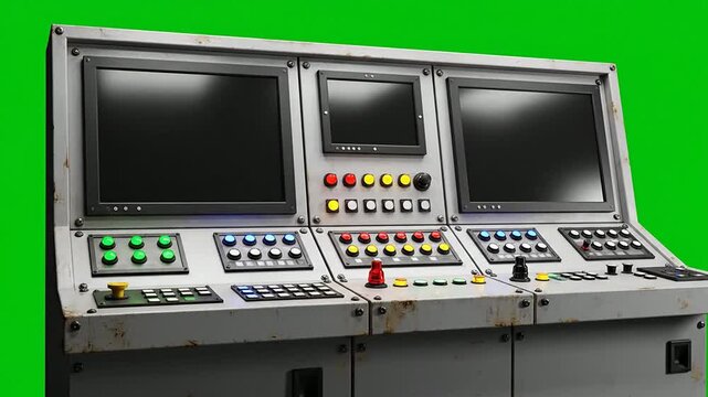 Detailed Control Panel With Multiple Screens And Interactive Buttons With Green Screen Background For Visual Effects And Compositing