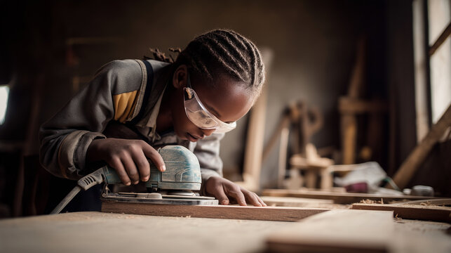 Young student learning carpentry with electric sander in woodworking workshop, child protection and vocational education concept, social inequality awareness, technical skills trai