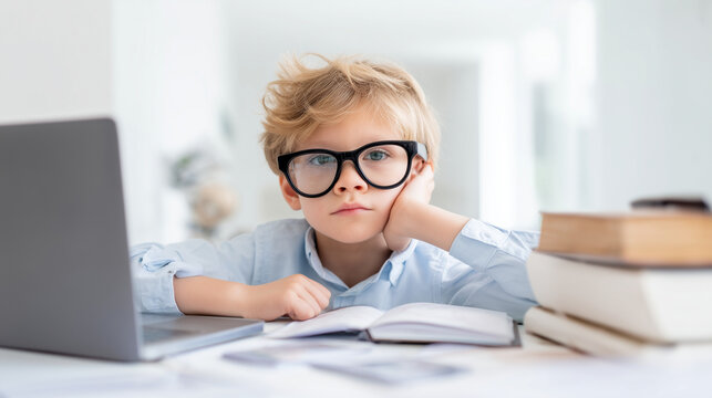 Focused child using laptop for online school lesson, serious boy with glasses at study desk, homework concentration, digital education, homeschooling, e-learning platform, academic