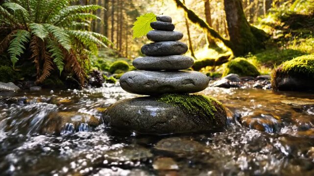 Balanced stone cairn stack in a forest stream surrounded by lush ferns and moss covered rocks