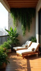 Obraz premium Two lounge chairs with cushions on a wooden deck filled with plants. Lush green vines hang from wall. Cityscape visible in background. Sunny day.