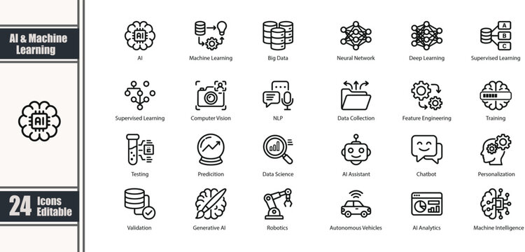 Ai and machine learning icons set