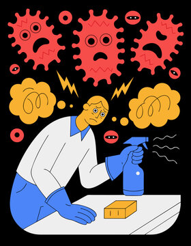 Stressed person cleaning with spray bottle surrounded by virus germs