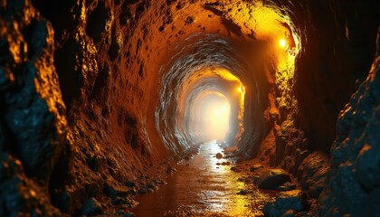 Fototapeta premium Narrow mine tunnel interior illuminated by warm lights. Water flows on ground rock. Path leads to bright exit. Industrial, dark, adventure concept.