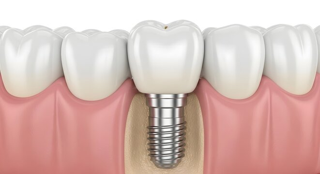 Dental implant restoration close up of titanium post and crown
